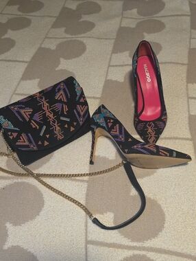 Maceoo Black Pointed Pumps with Multicolor Beaded Geometric Design